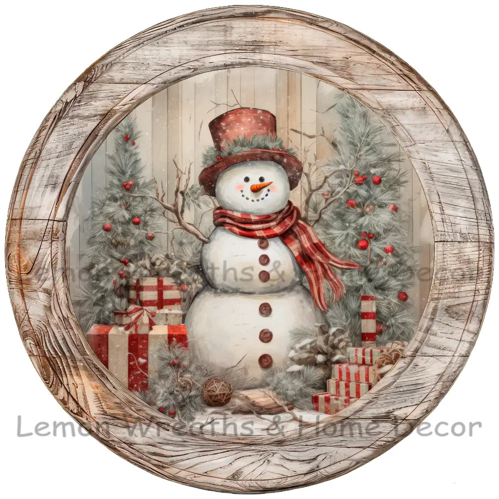 Rustic Snowman Wood Frame Metal Sign