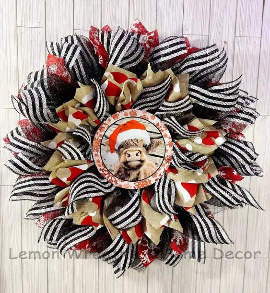 Santa Hat Cow Farmhouse Wreath