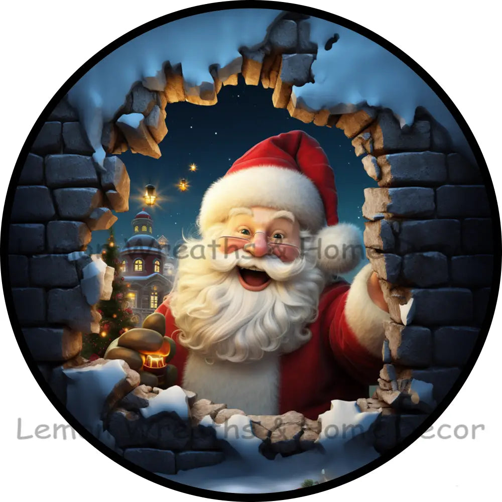Santa Peaking Thru Brick Wall Metal Sign
