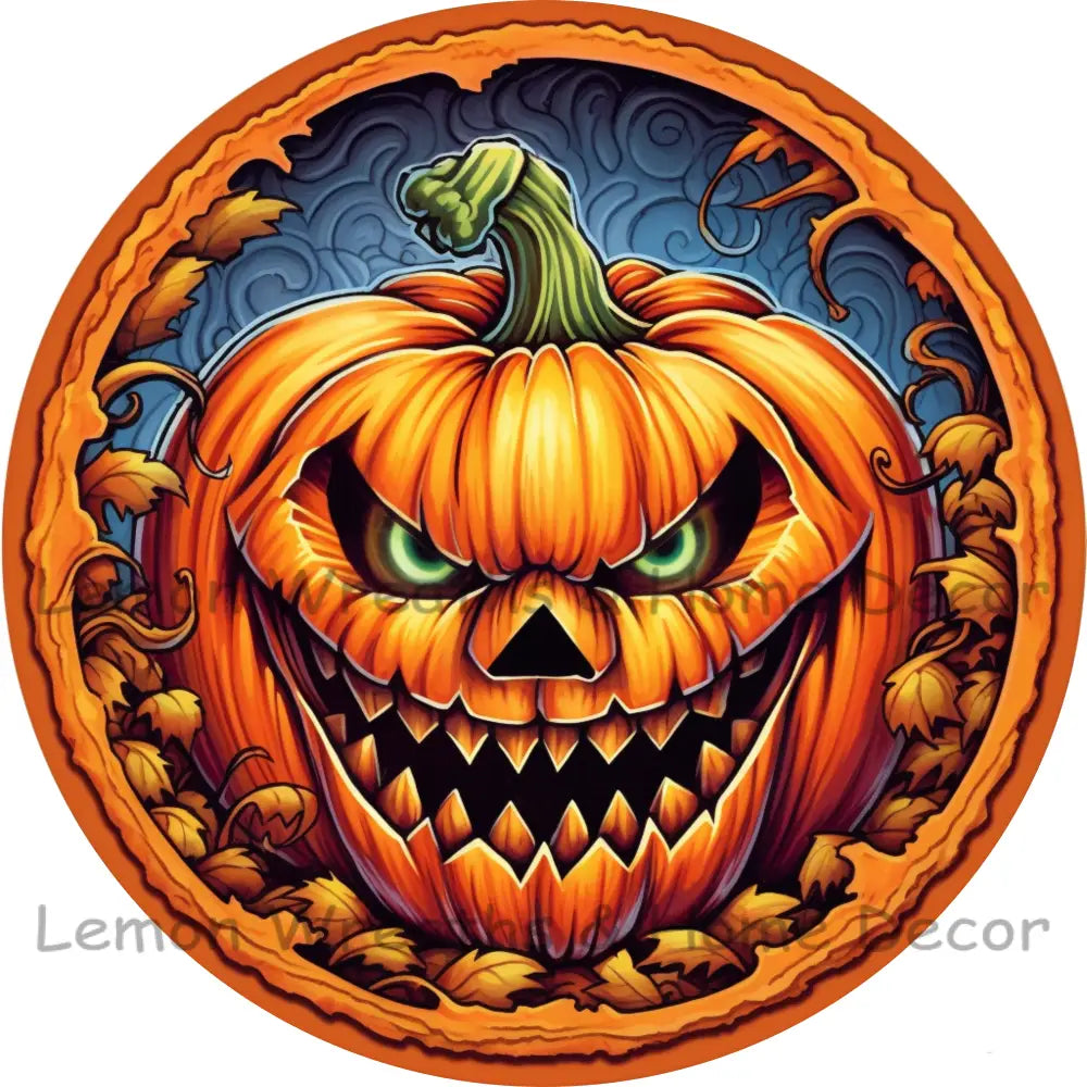 Scary Pumpkin Green Eyes Metal Sign
