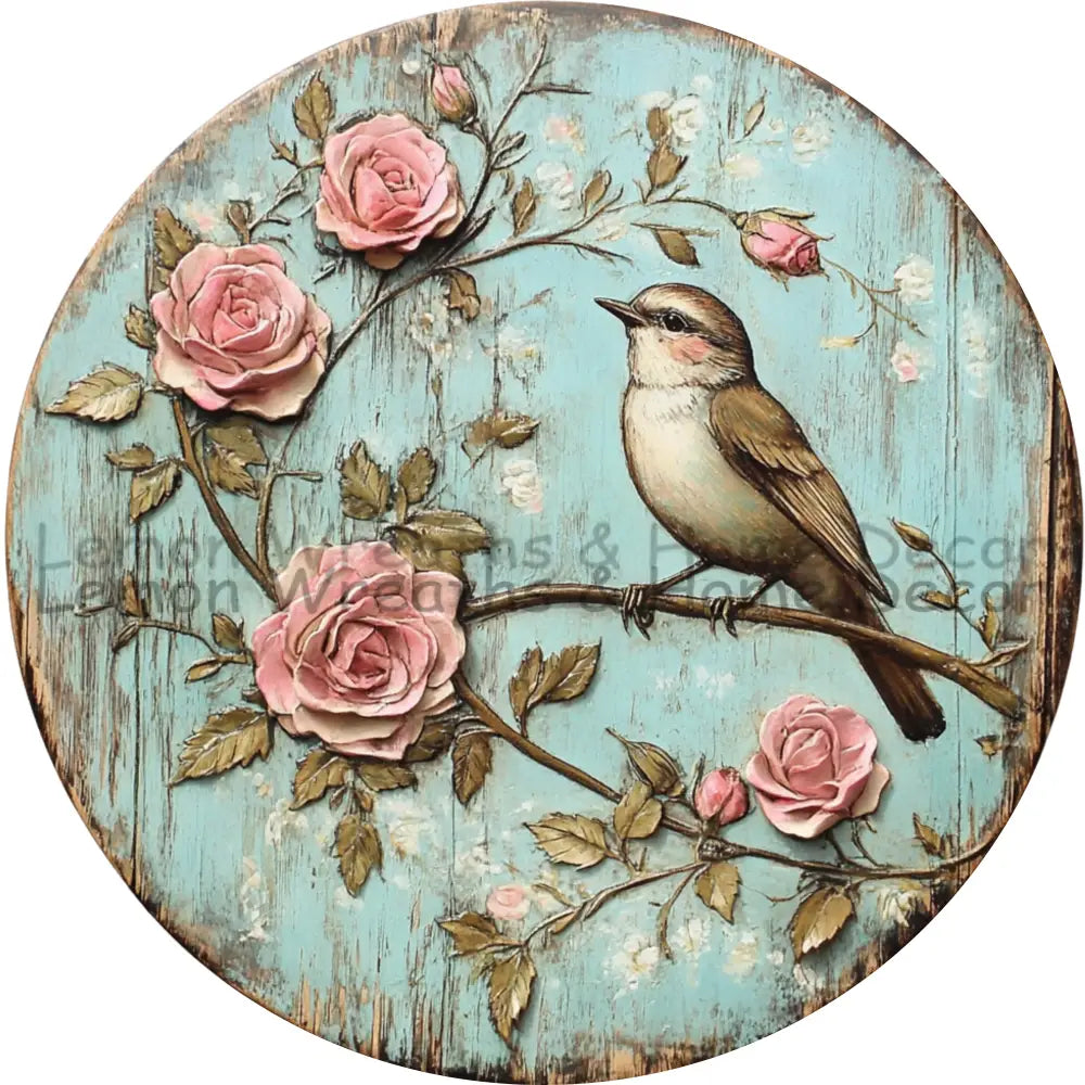 Shabby Chic Bird And Pink Roses Metal Sign