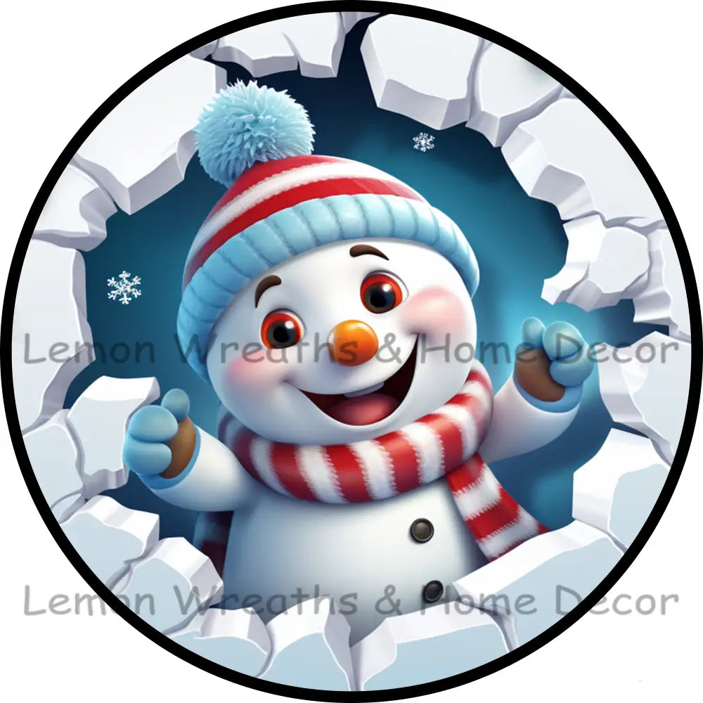 Snowman Breaking Thru Ice Red Stripe Scarf Metal Sign