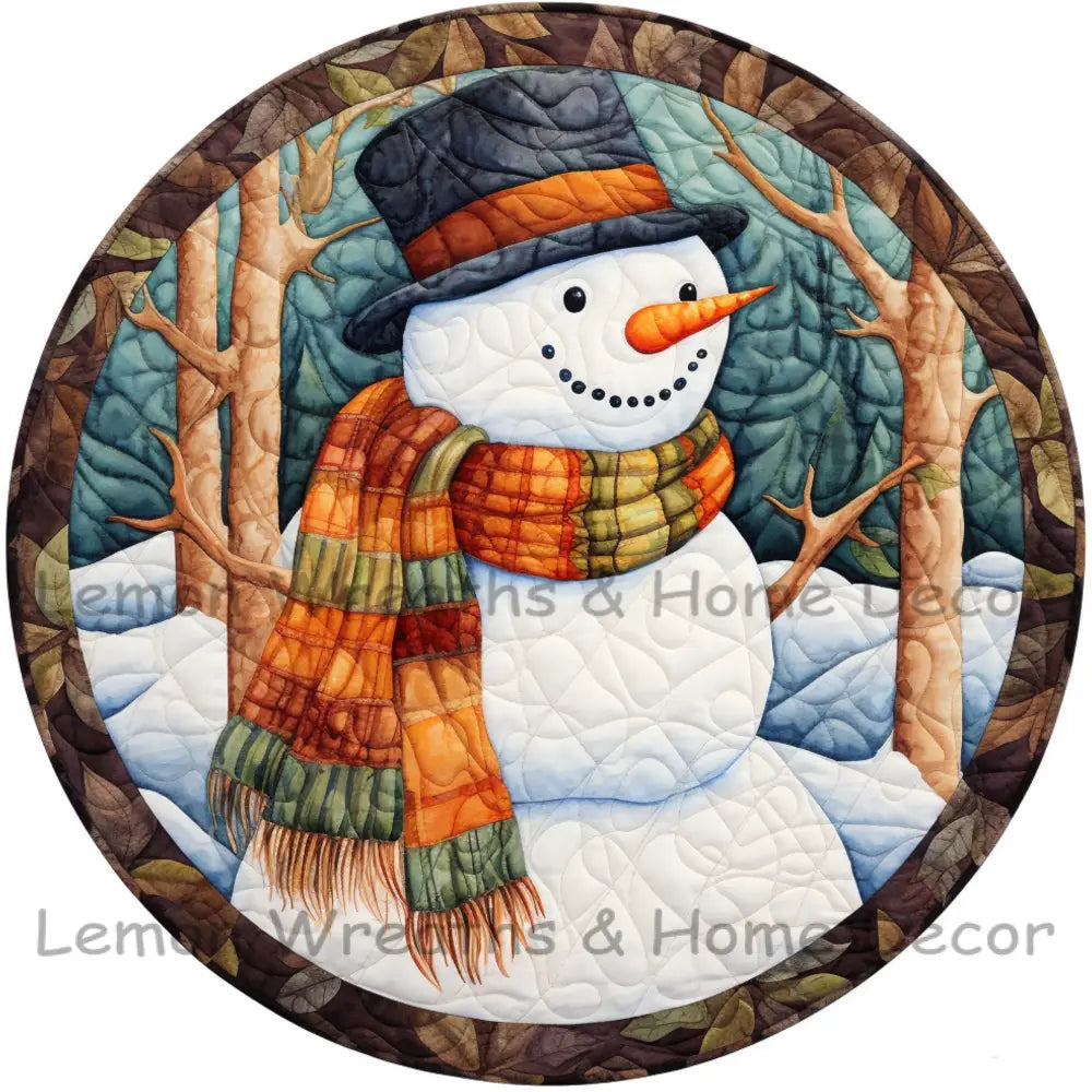 Snowman In Woodland Scene Quilted Look Metal Sign