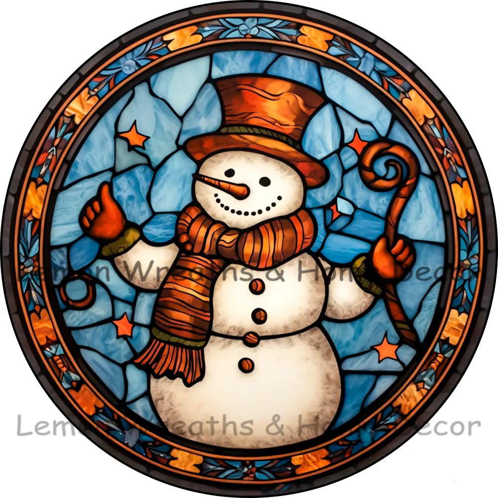 Snowman W/Brown Scarf Faux Stained Glass Metal Sign