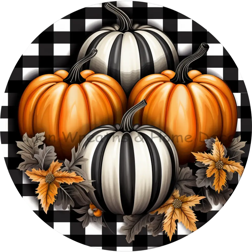 Striped Fall Pumpkins Checkered Background Metal Sign 6 / No Text