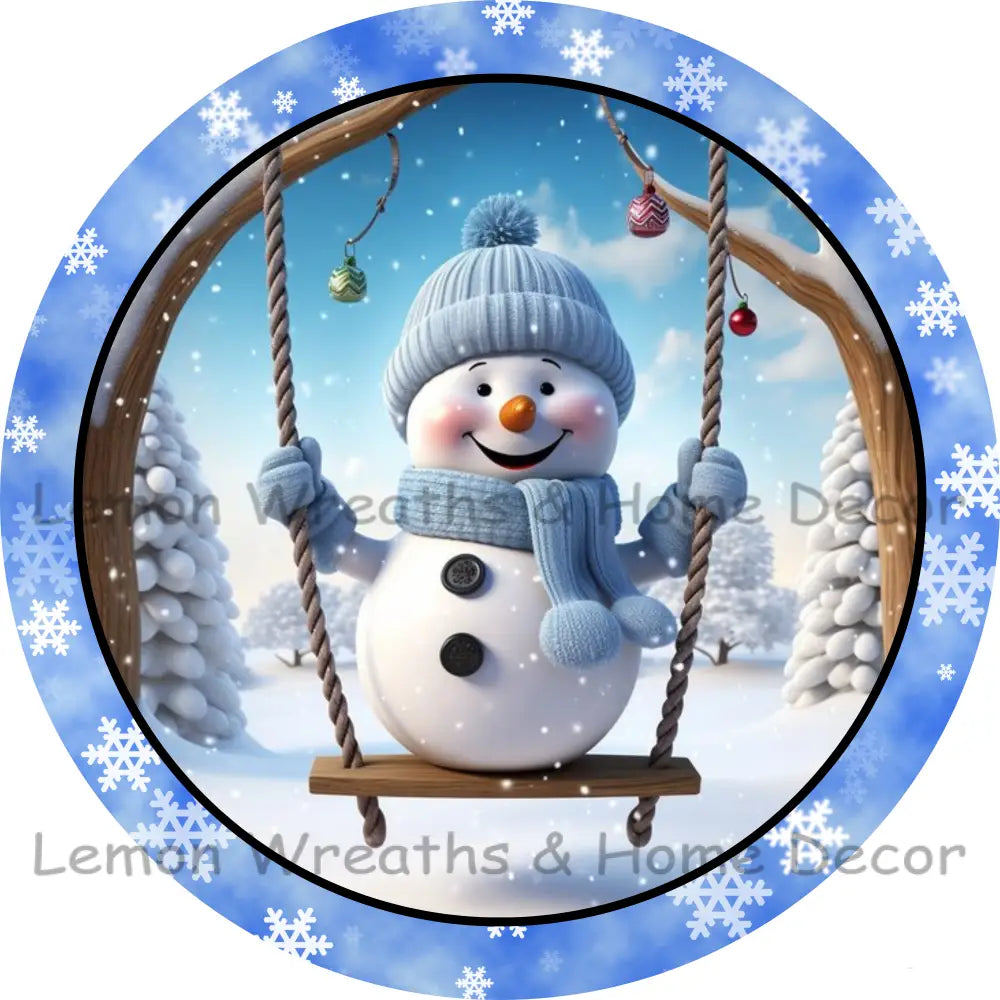 Swinging Snowman Blue Snowflakes Metal Sign