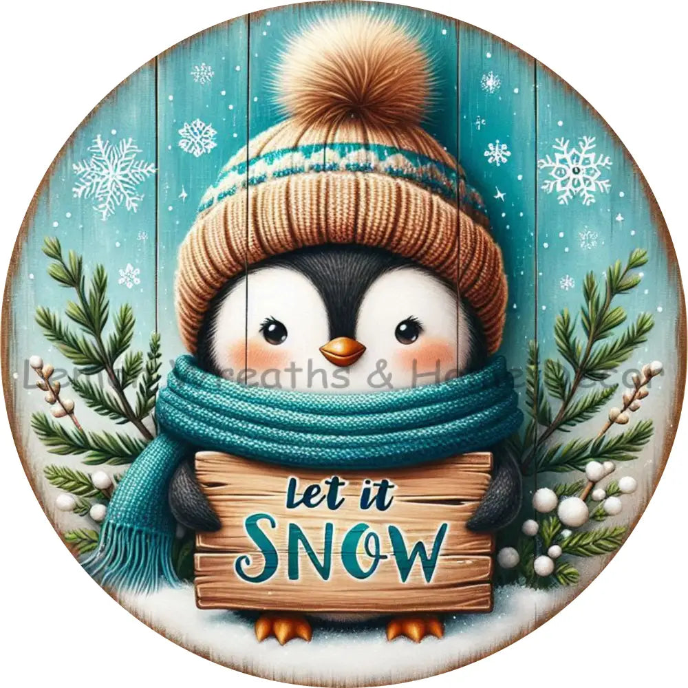 Teal Hello Winter Penguin Metal Sign