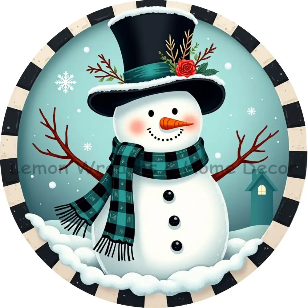 Teal Snowman Checkered Scarf Metal Sign