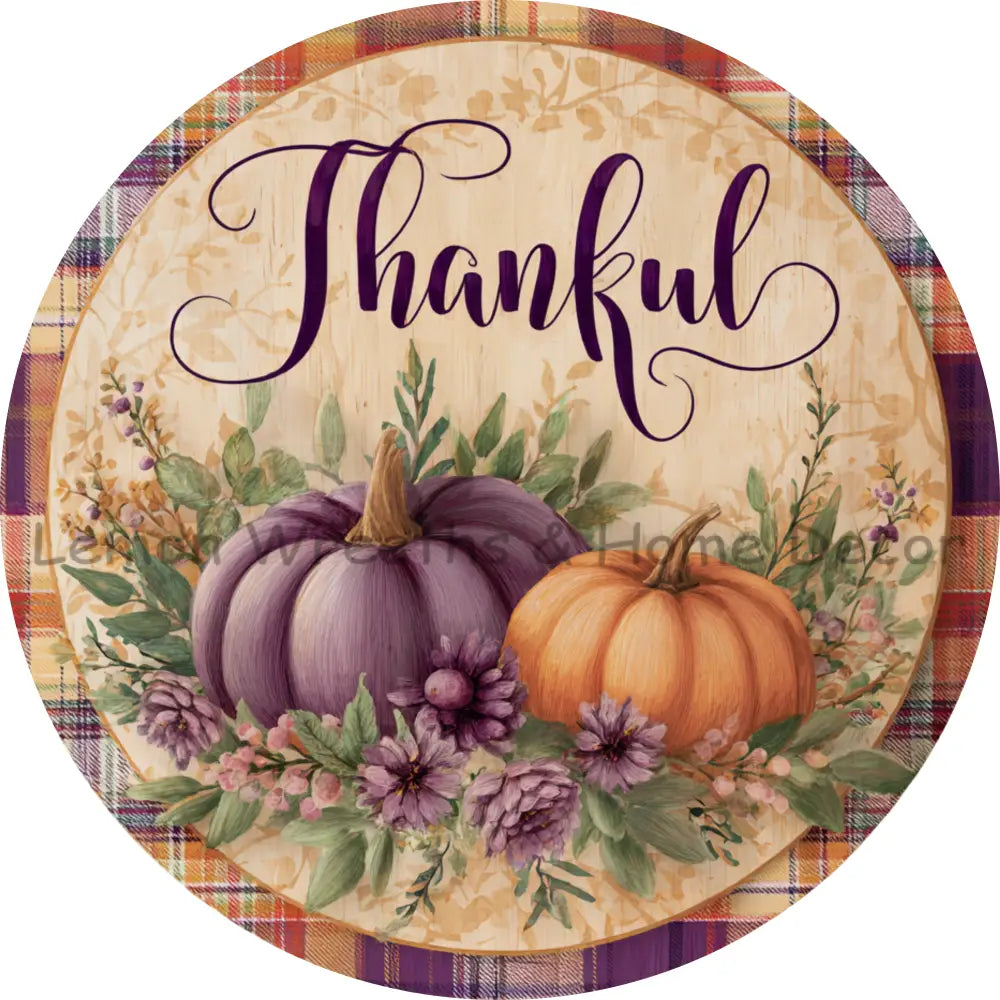 Thankful Purple and Orange Pumpkins Plaid Border Metal Sign