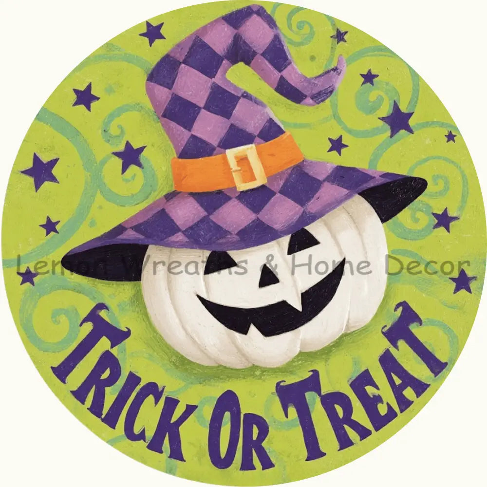 Trick Or Treat Whimsical White Pumpkin Purple Check Hat Metal Sig