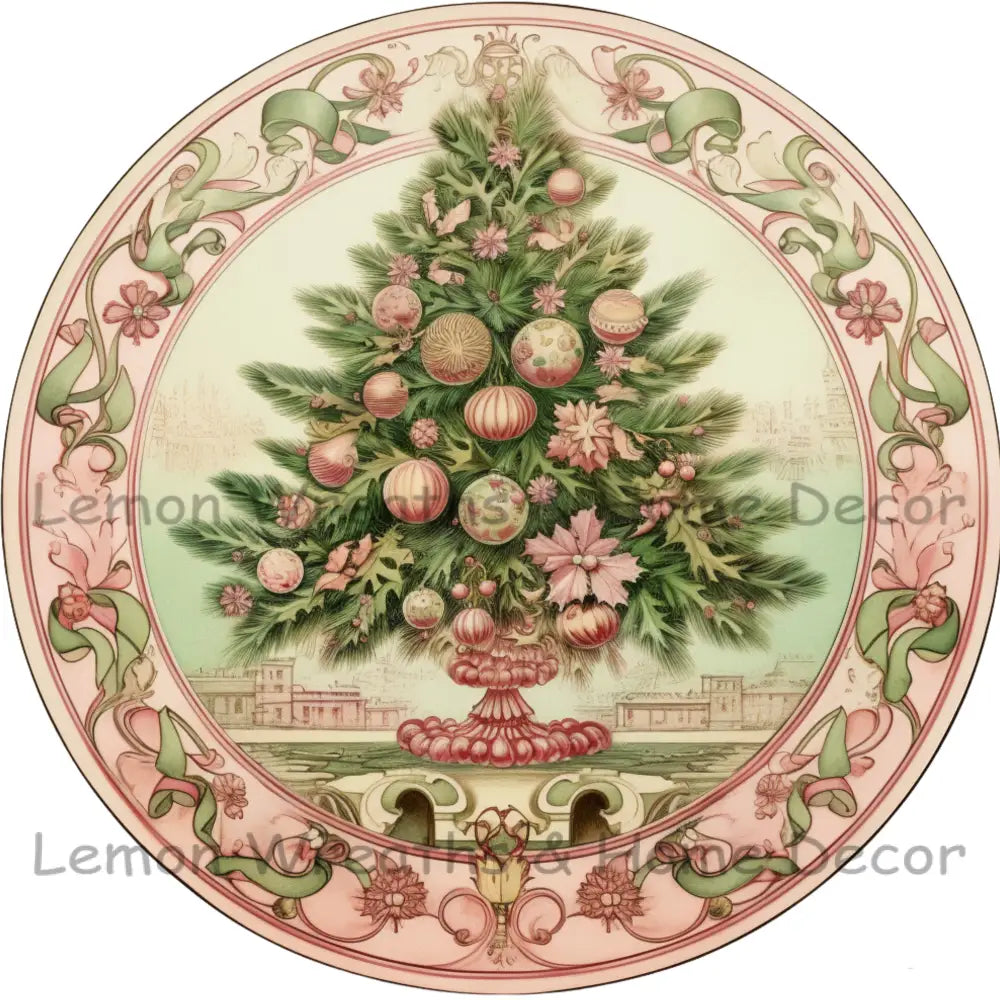 Victorian Christmas Tree Pink Metal Sign