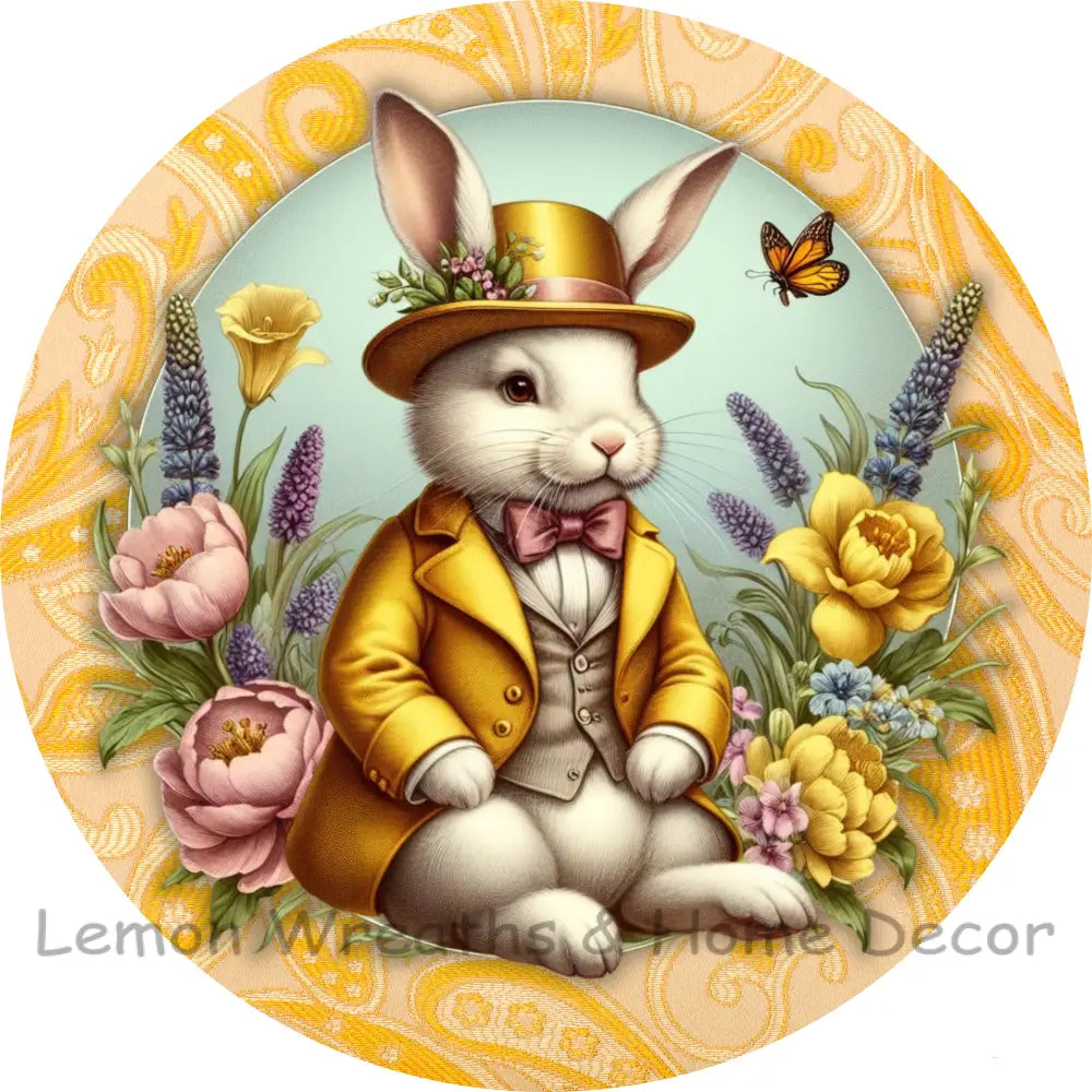 Victorian Rabbit Sitting W/Top Hat Yellow Paisley Metal Sign