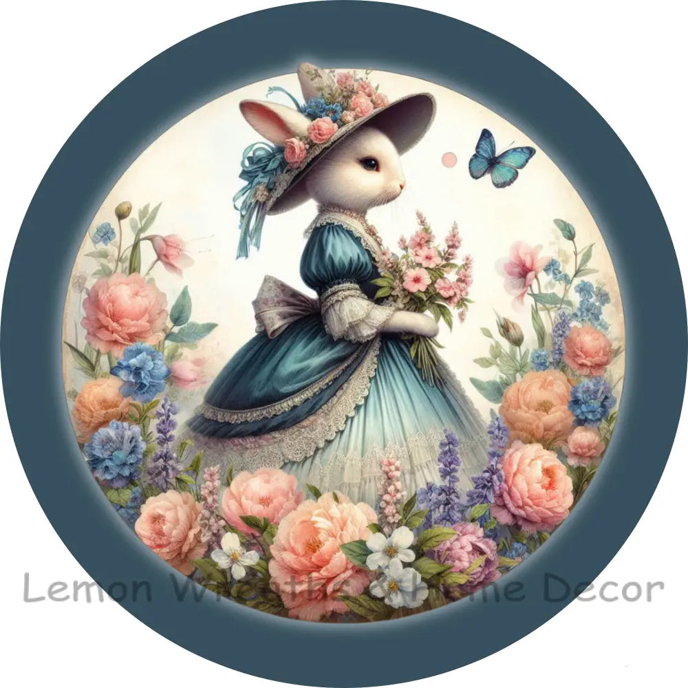 Victorian Rabbit W/Denim Blue Dress Metal Sign