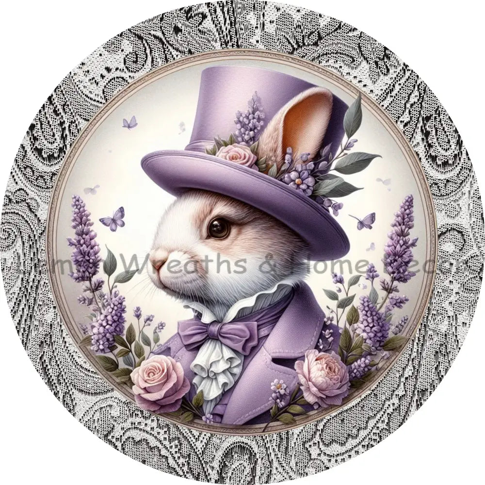Victorian Rabbit W/Purple Suit Black Paisley Border Metal Sign