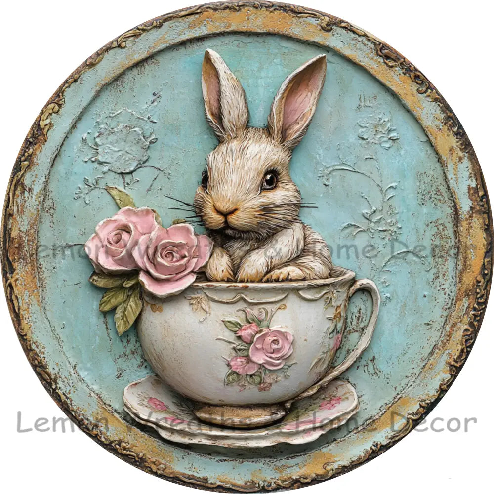 Vintage Teacup Bunny Metal Sign
