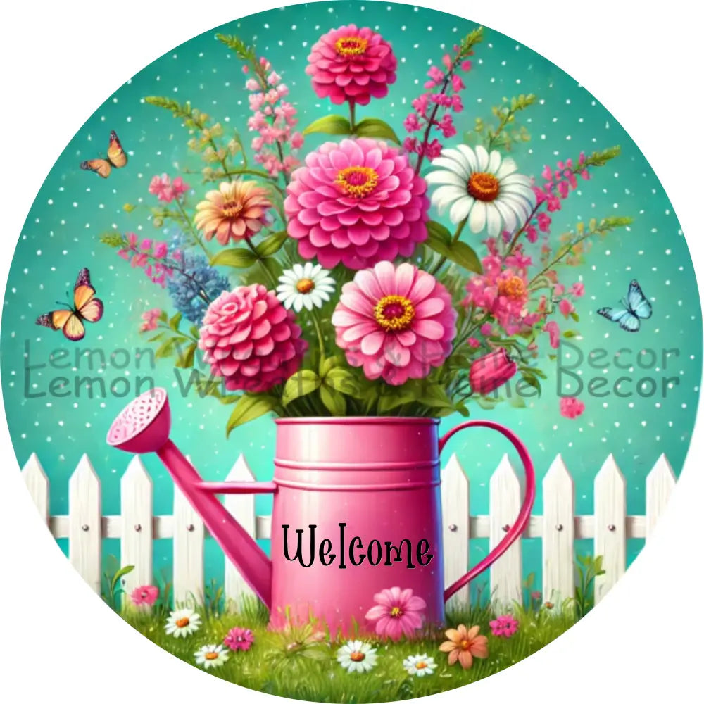 Watering Can Floral Welcome Metal Sign