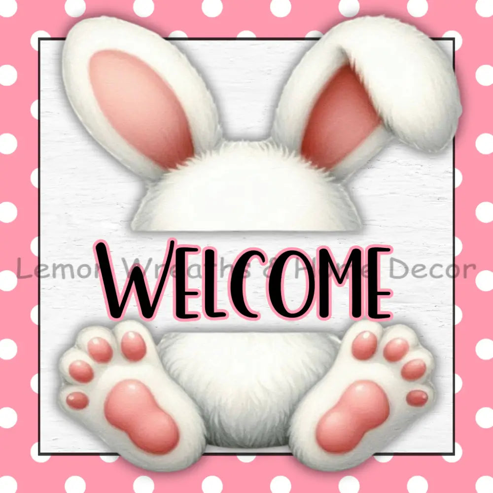 Welcome Bunny Pink Polka Dots Square Metal Sign