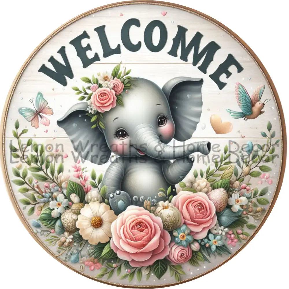 Welcome Elephant Florals Metal Sign