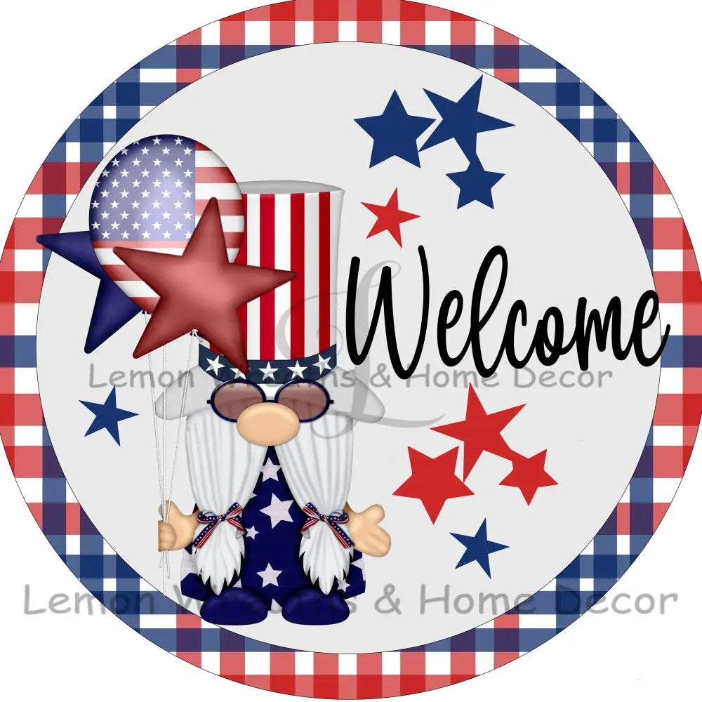 Welcome Patriotic Gnome Plaid Border Metal Sign