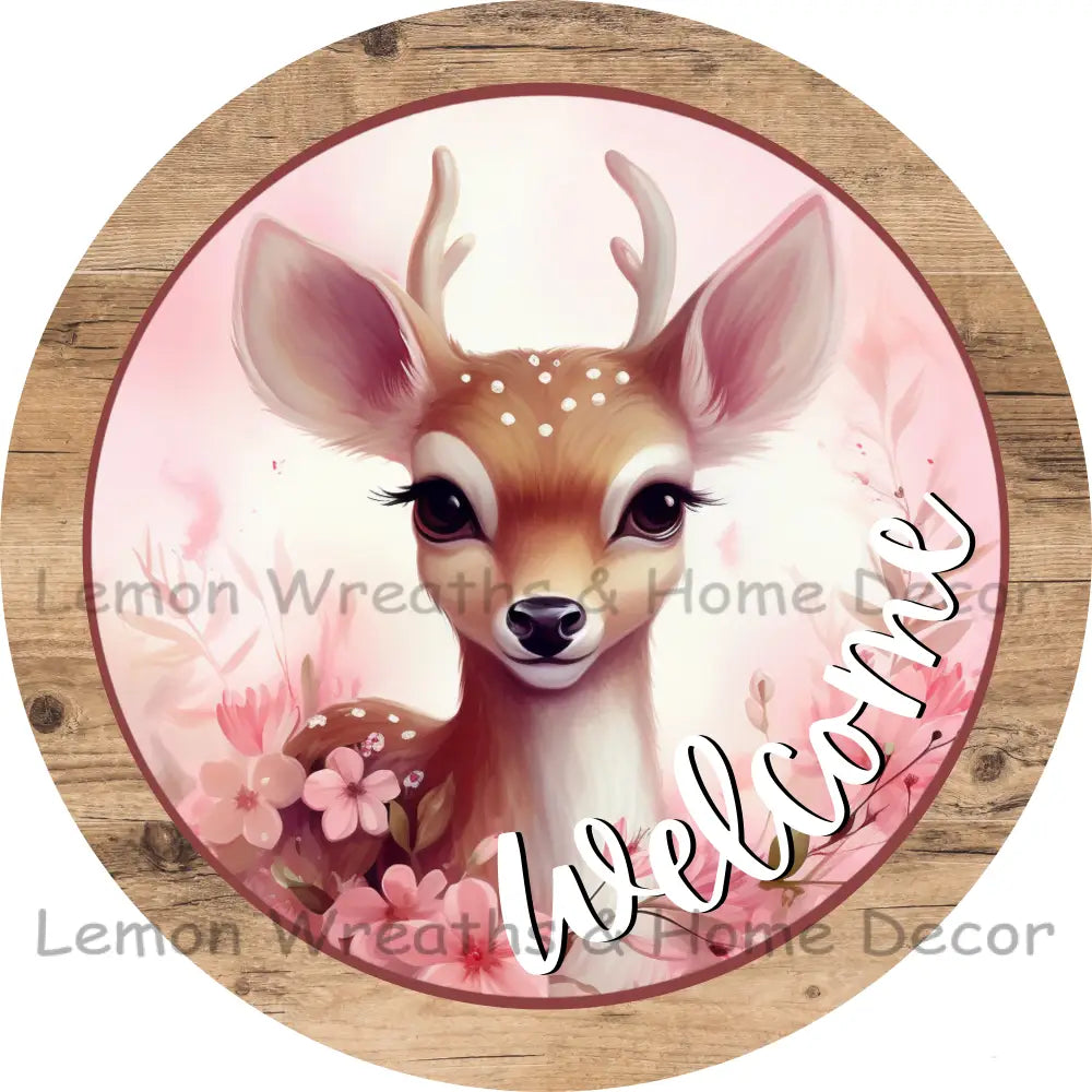 Welcome Pink Winter Deer Wood Border Metal Sign