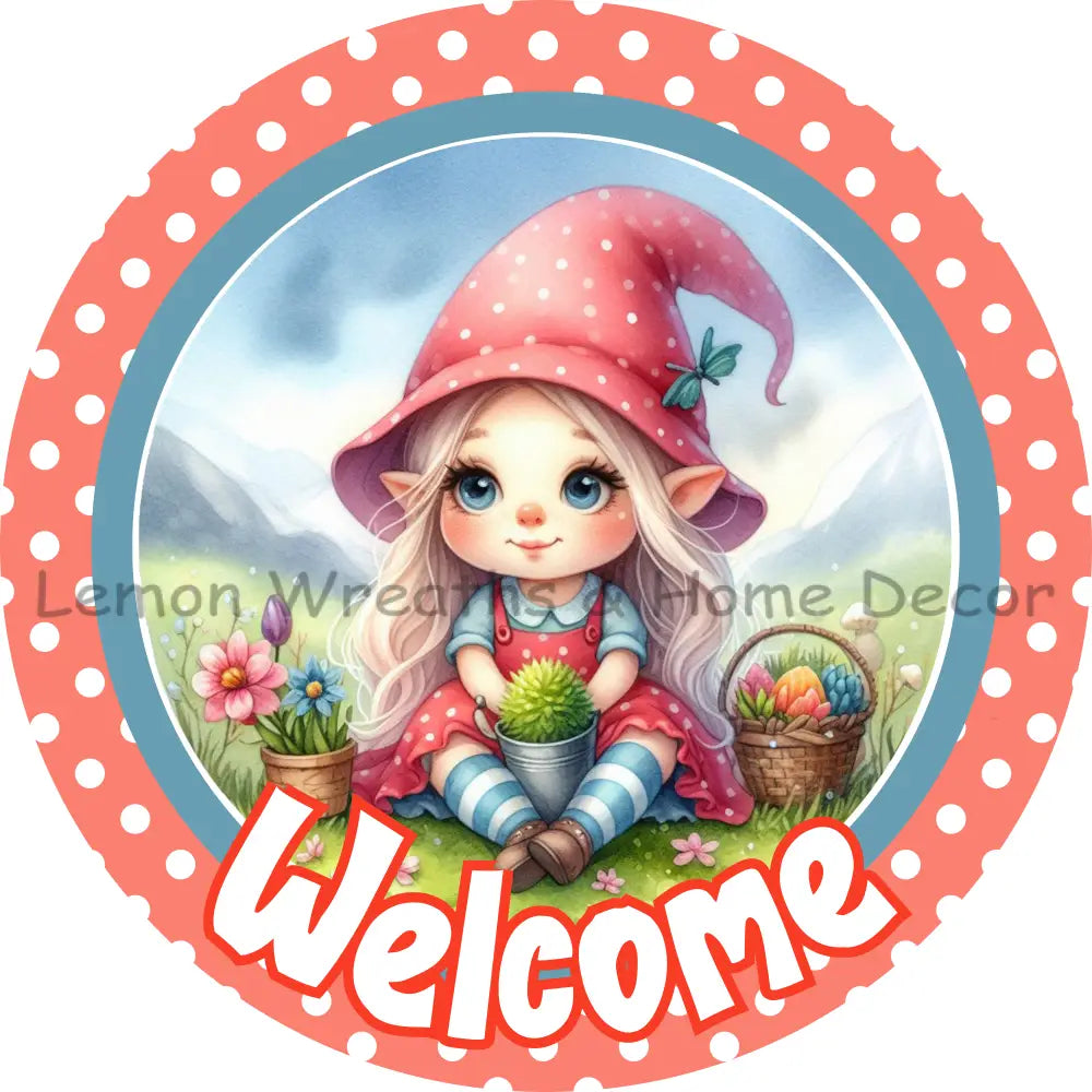 Welcome Spring Elf Polka Dot Metal Sign