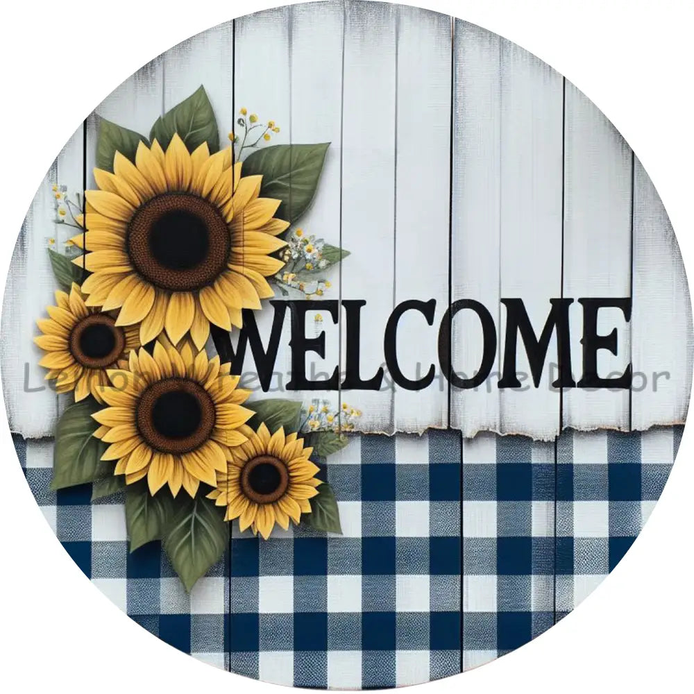 Welcome Sunflowers Blue Check Metal Sign