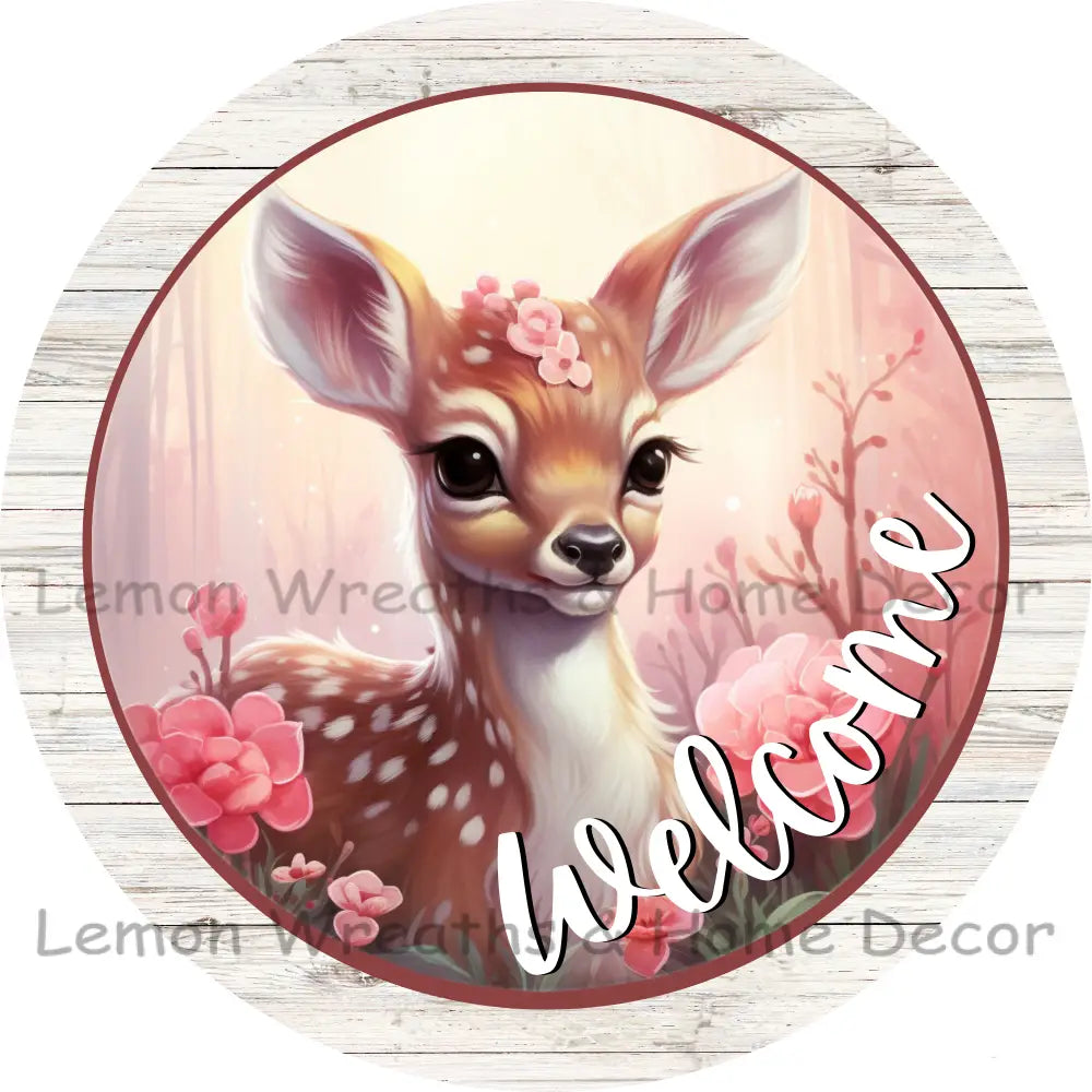 Welcome Winter Fawn Pink Floral Metal Sign