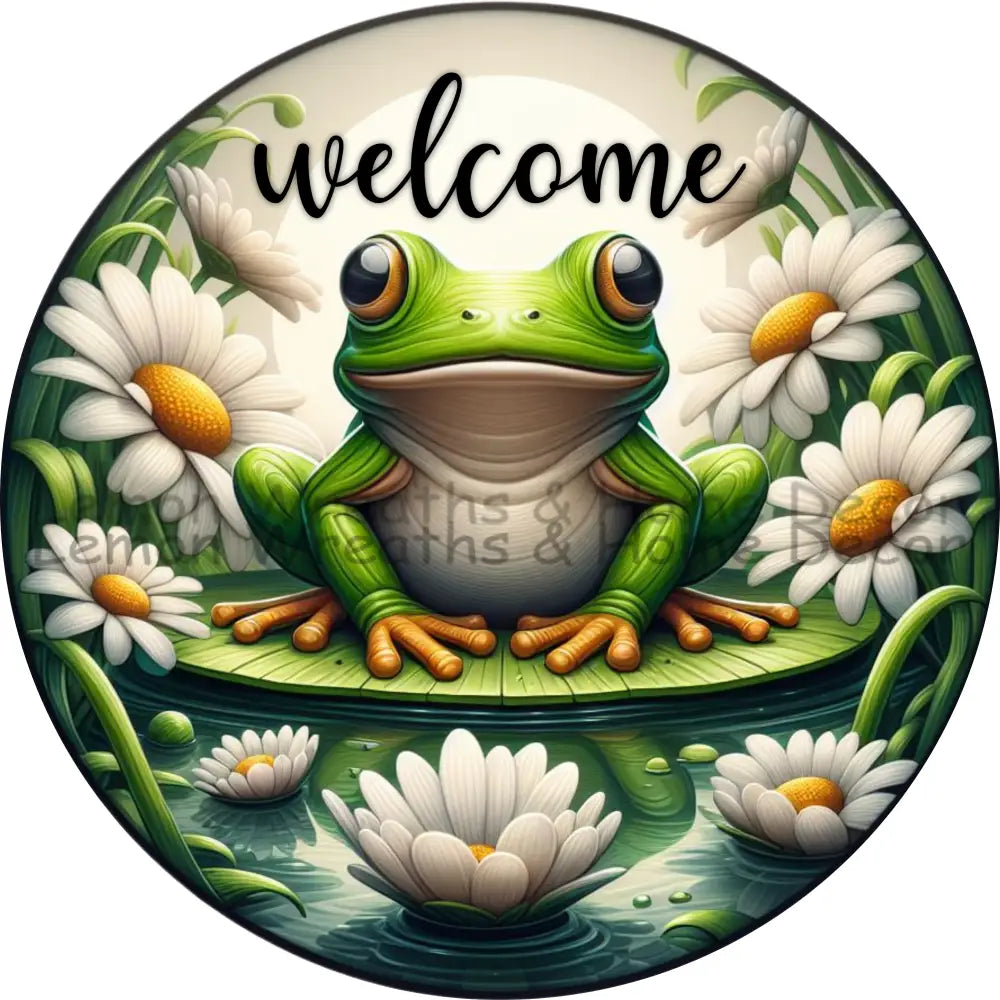 Whimsical Frog And Daisy Welcome Metal Sign