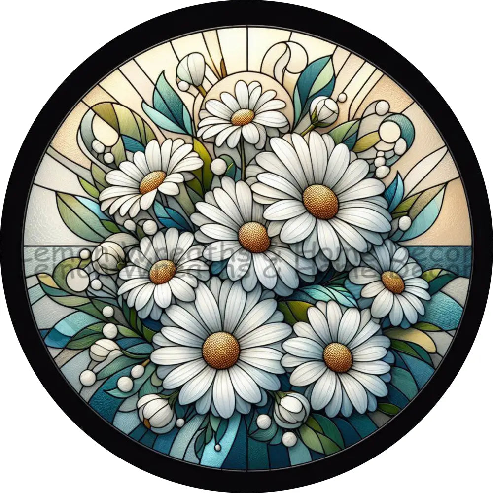 White Daisies Faux Stained Glass Metal Sign