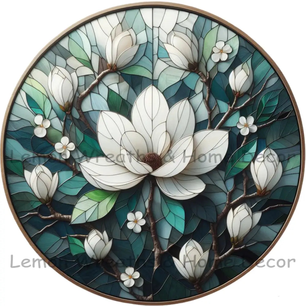 White Magnolias Faux Stained Glass Metal Sign