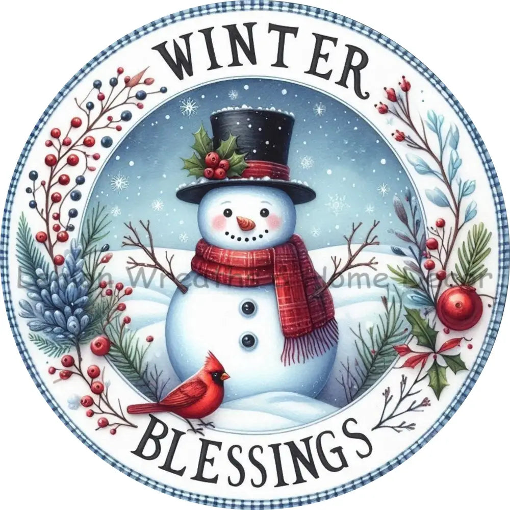 Winter Blessings Snowman With Cardinal Metal Sign
