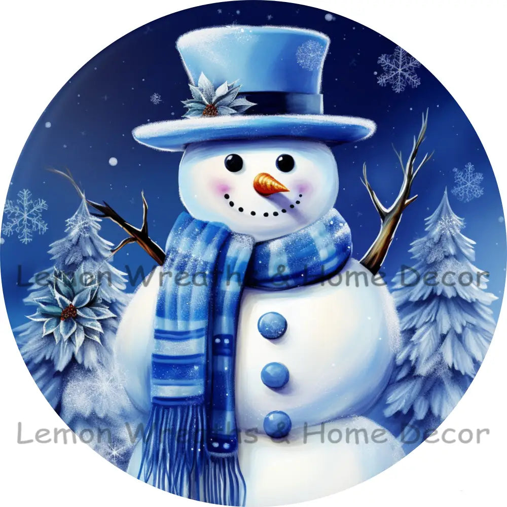 Winter Blue Snowman Metal Sign