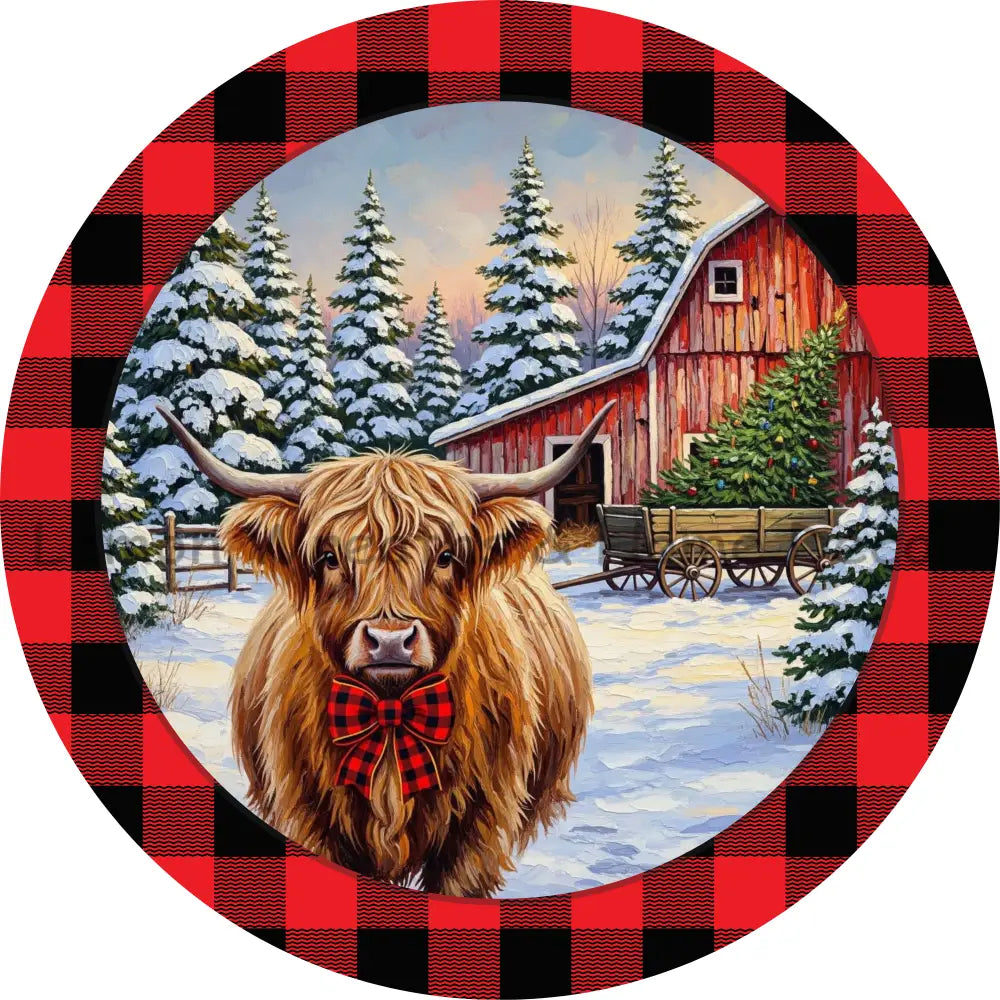 Winter Highland Cow Red Check Metal Sign