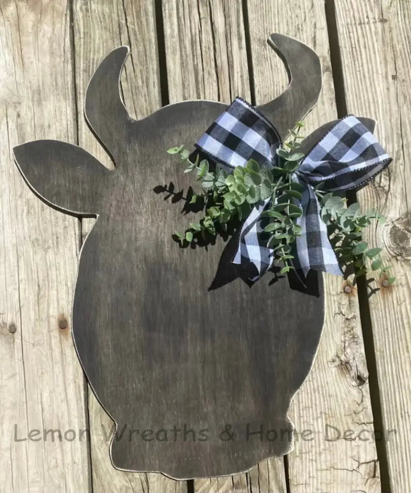 Wood Cow Head Door Hanger Black / Buffalo Check Ribbon