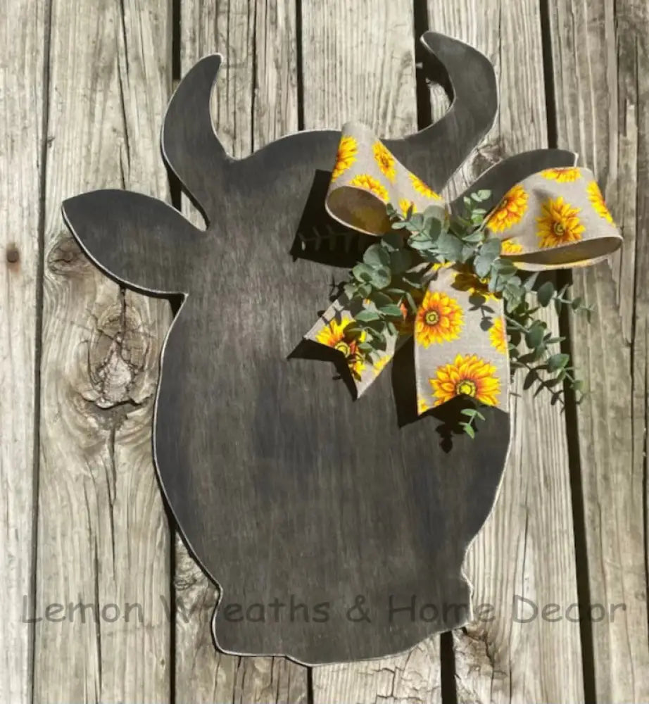 Wood Cow Head Door Hanger Black / Sunflower Ribbon