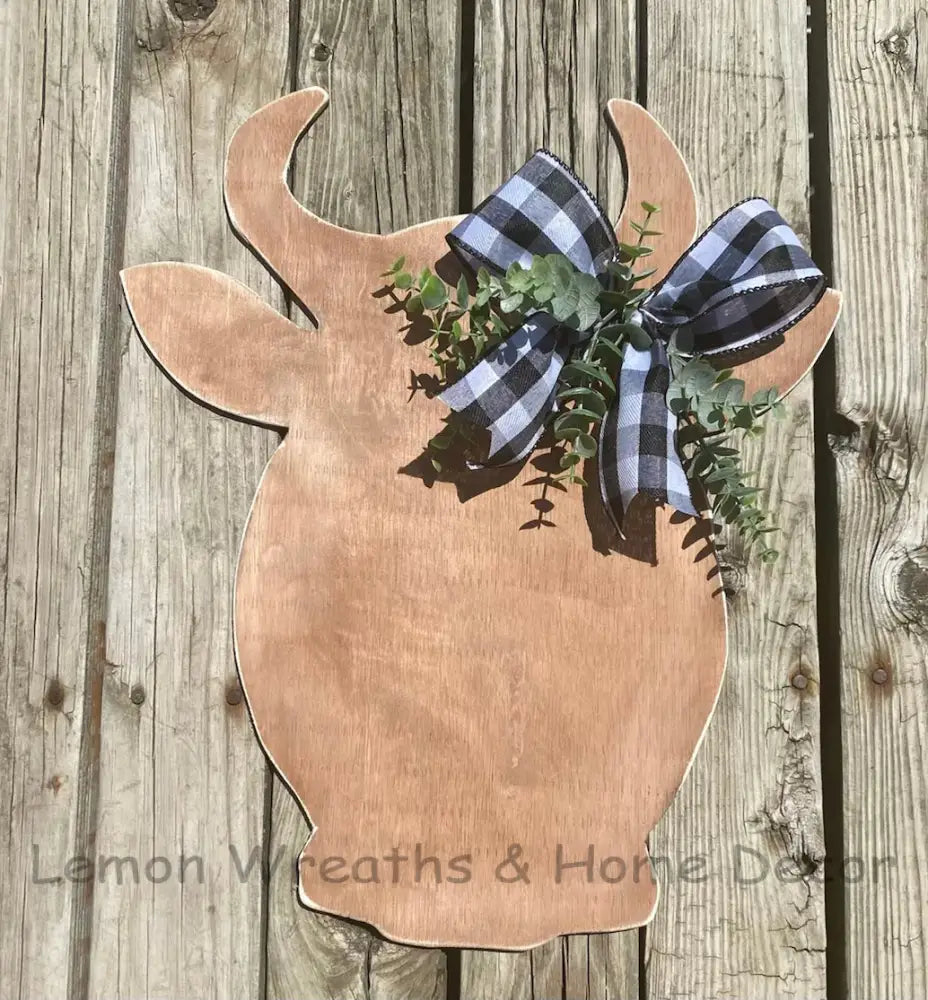 Wood Cow Head Door Hanger Stained / Buffalo Check Ribbon