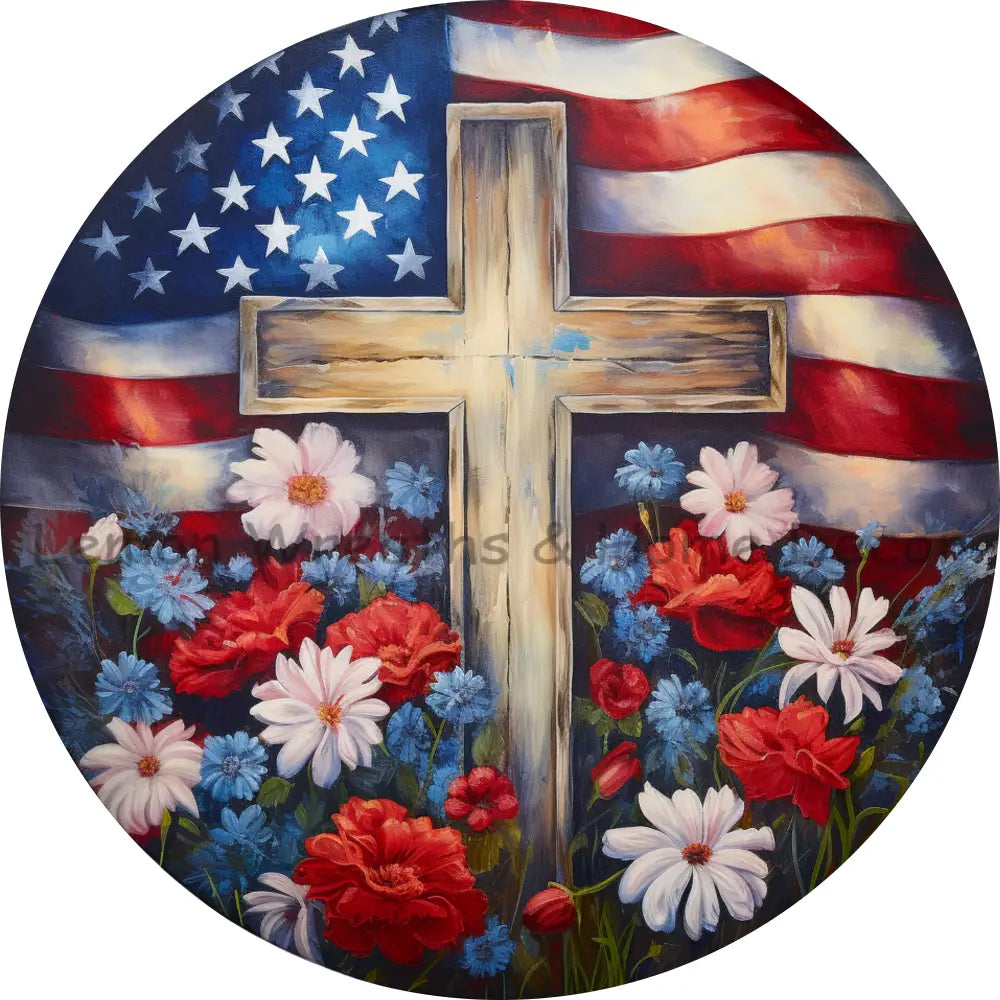 Wood Cross With American Flag and Metal Sign