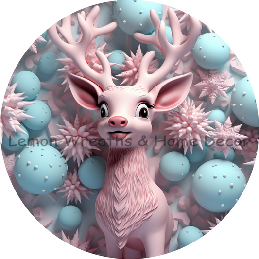Faux 3D Christmas Pink Reindeer Metal Sign