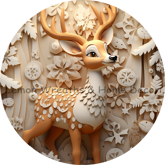 Faux 3D Winter Natural Reindeer Metal Sign