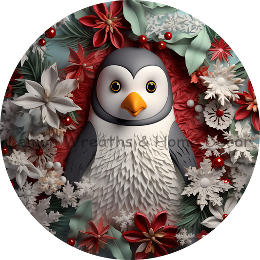 Faux 3D Winter Penguin Red and Green Metal Sign