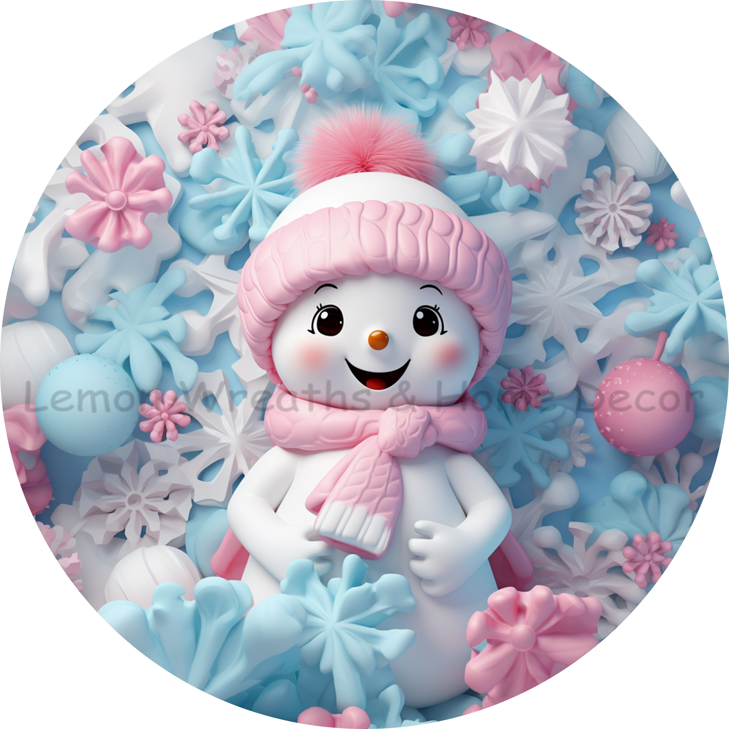 Faux 3D Winter Pink and Blue Snowman Metal Sign