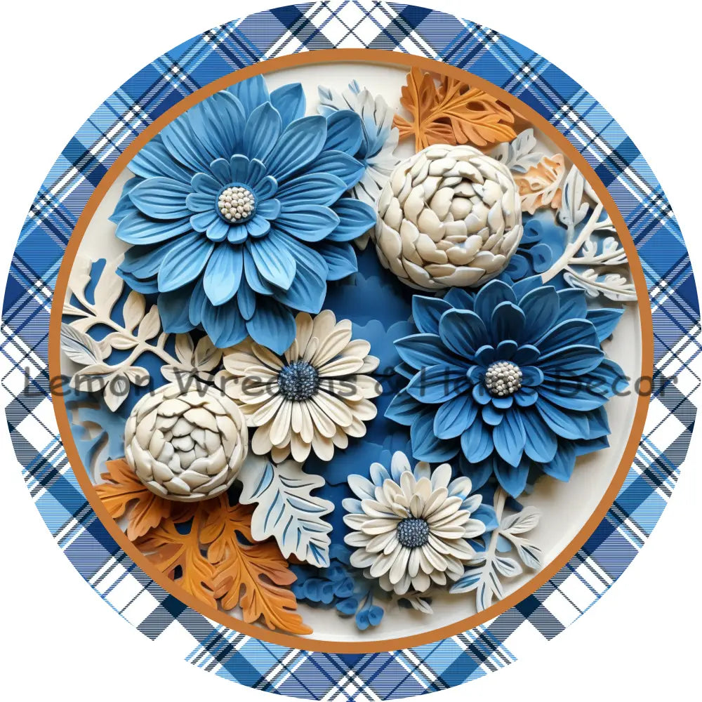 3D Blue & White Floral Tight Weave Plaid Metal Sign