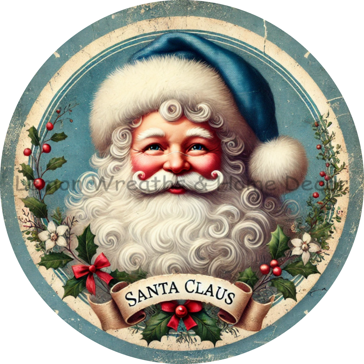 Vintage Country Blue Yuletide Santa Claus Metal Sign