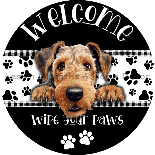 Dog Peeking Airedale Terrier Welcome Wipe Your Paws Metal Sign