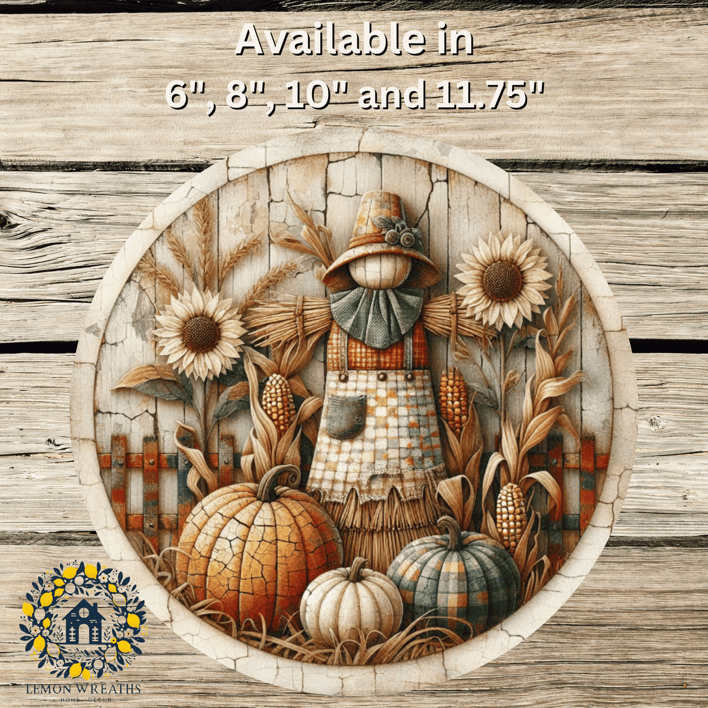 Autumn Harvest Scarecrow with Patchwork Pumpkins Metal Sign