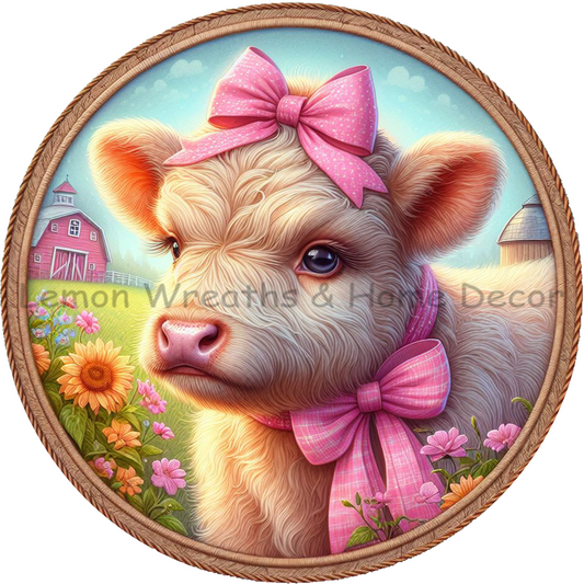 Baby Brown Heifer With Pink Bow Metal Sign