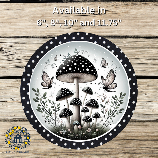 Black Polka Dot Monochrome Mushroom Garden Metal Sign