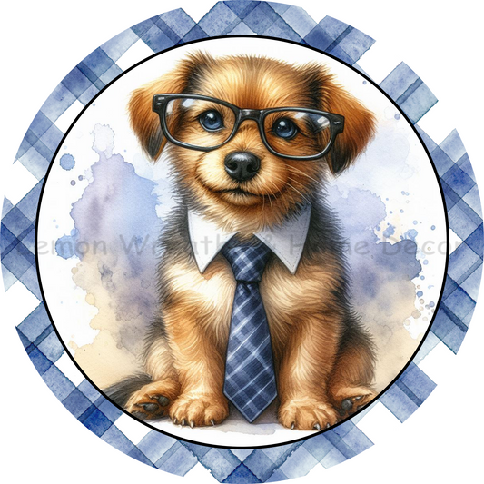 Blue Plaid Puppy Wearing Glasses Metal Sign