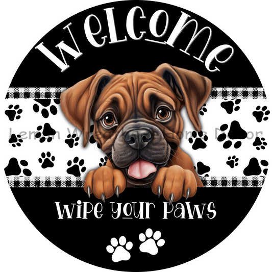 Dog Peeking Boxer Welcome Wipe Your Paws Metal Sign