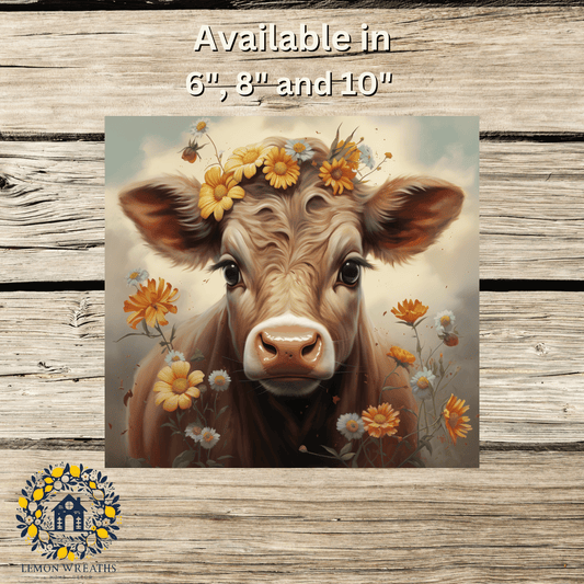 Brown Cow Floral Crown Metal Sign